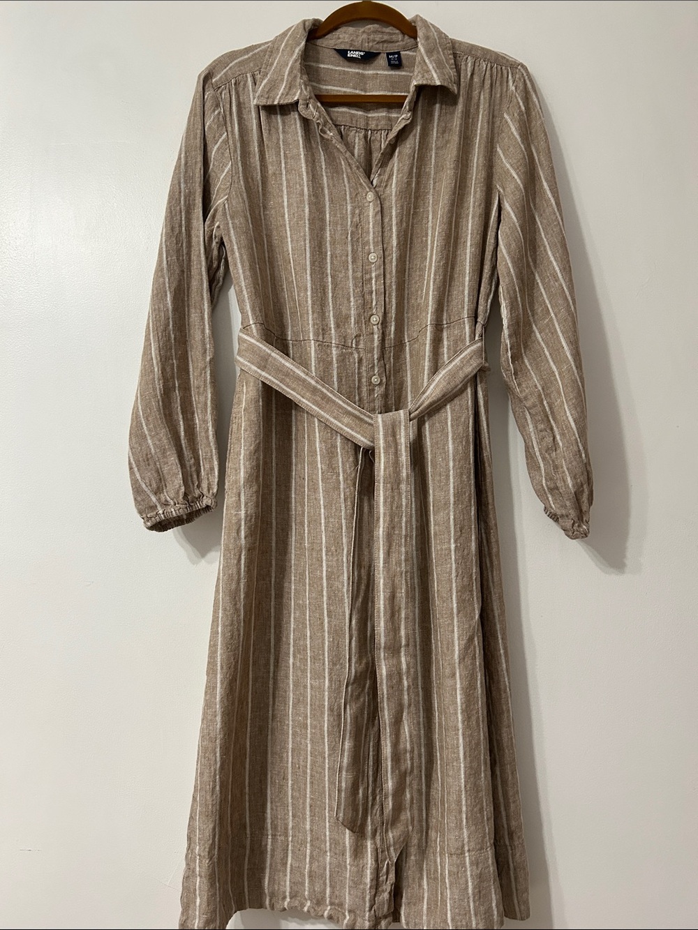 Lands' End Linen Shirt Dress Tan/White Striped Long Sleeve Coastal Travel Casual
